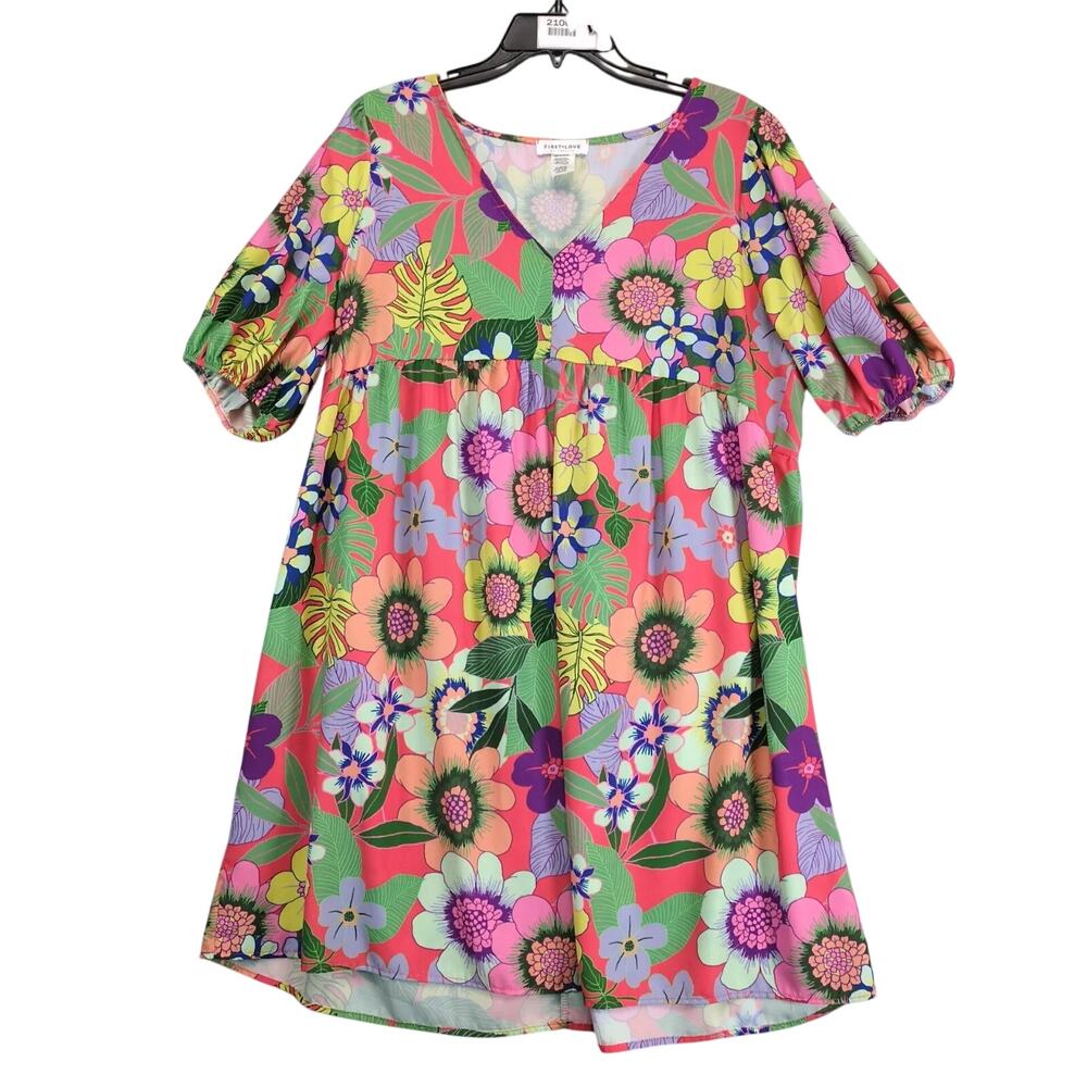 Vtg 90s Y2K First Love Lovelyn Tropical Floral Babydoll Dress, Sz L Boho Chic